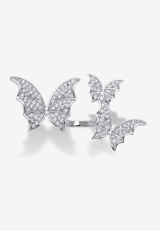 Silvertone Round Crystal Adjustable Butterfly Ring, CRYSTAL, hi-res image number null