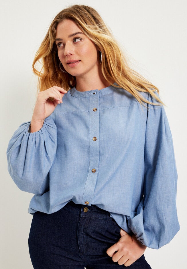 Puff Sleeve Chambray Jacket, , alternate image number null