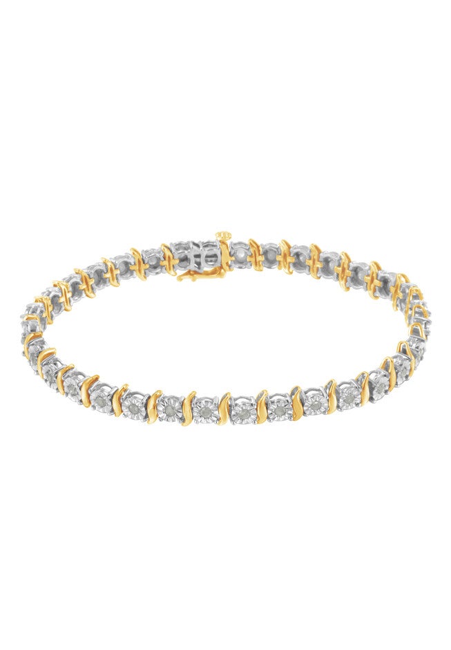 Two Toneyellow Gold Over Sterling Silver Diamond Scurve Link Miracleset Tennis Bracelet 8 inches, , on-hover image number 1
