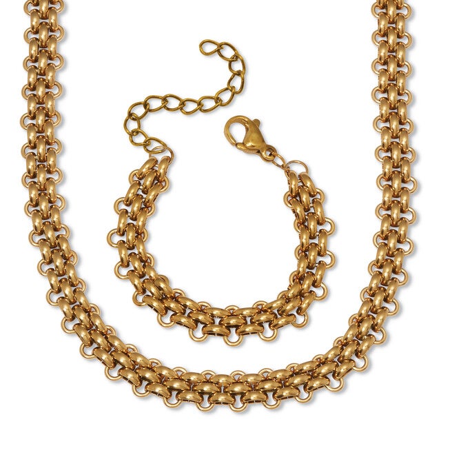 Yellow Gold Ion-Plated Stainless Steel Fancy Link Necklace Set 18-inch, GOLD, hi-res image number null