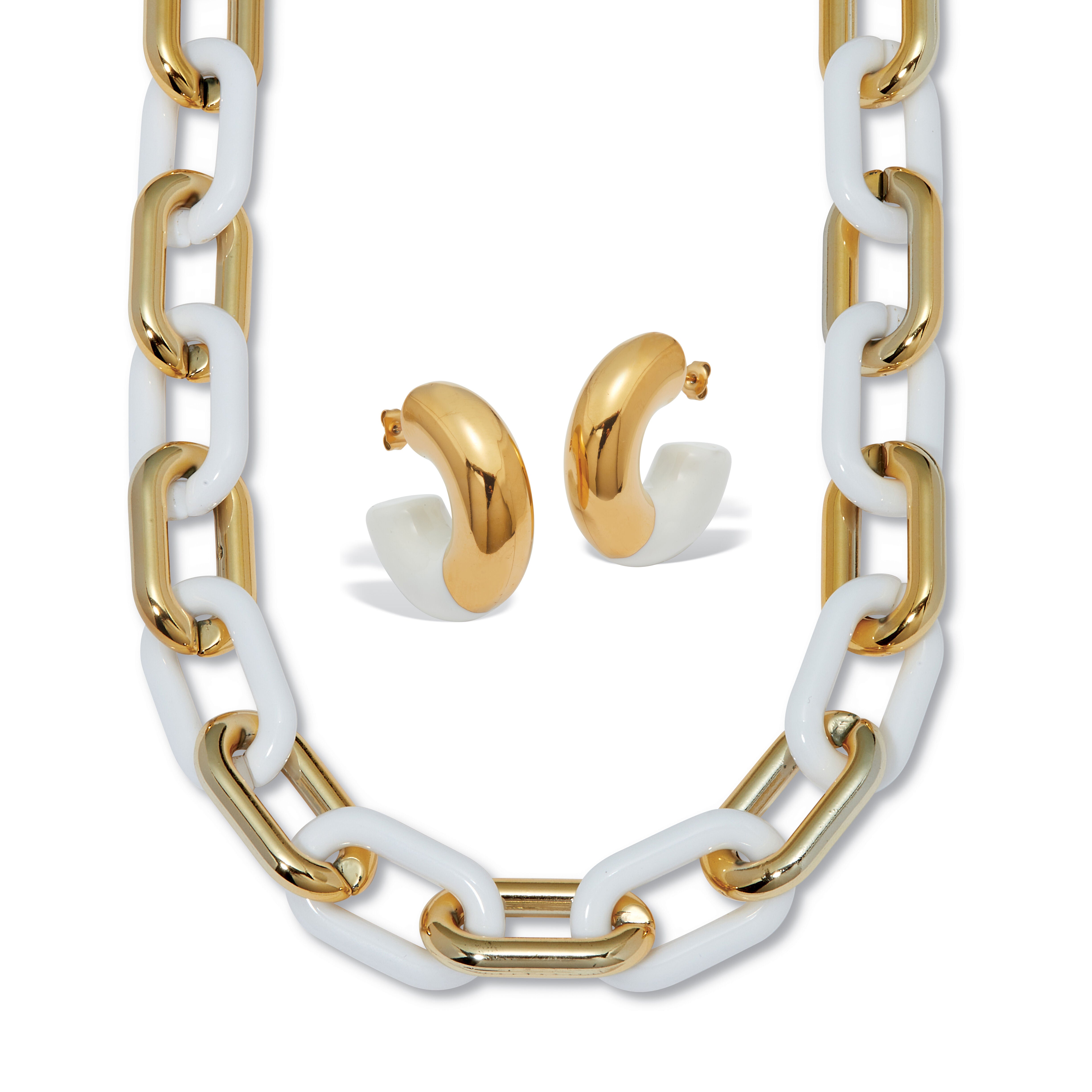 Acrylic Link Necklace and Gold Ion-Plated Stainless Steel Hoop Earrings Set, GOLD, hi-res image number 0