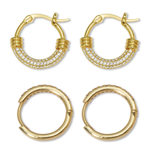 Round Crystal Goldtone Hoop Earrings, 2-Pair Set, WHITE, on-hover image number 1