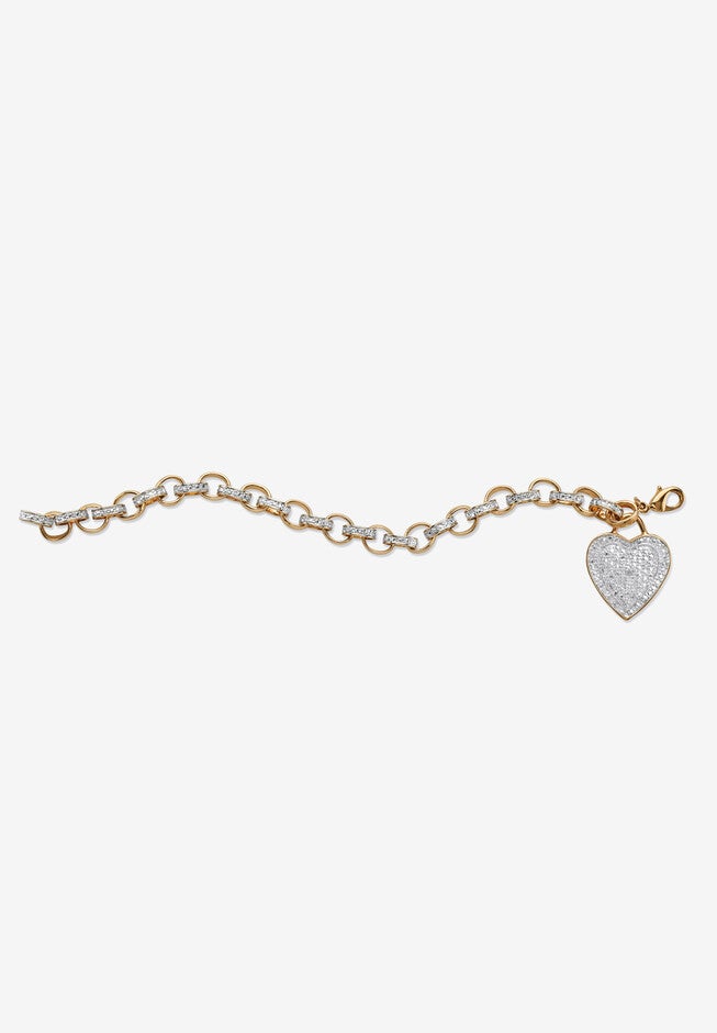 Diamond Accent 18K Gold-Plated Heart Charm Rolo-Link Bracelet 7.75 inches, , alternate image number null