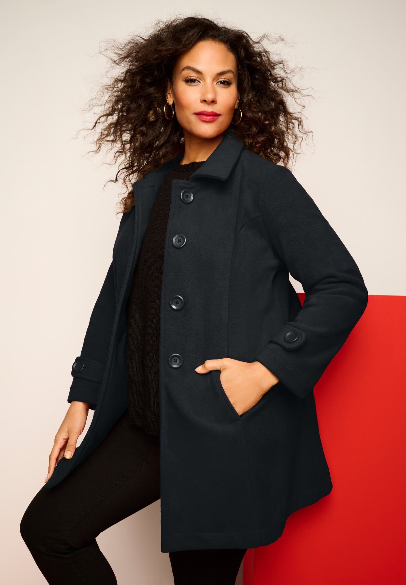 Plus Size Button Up Fleece Jacket, BLACK, hi-res image number 0