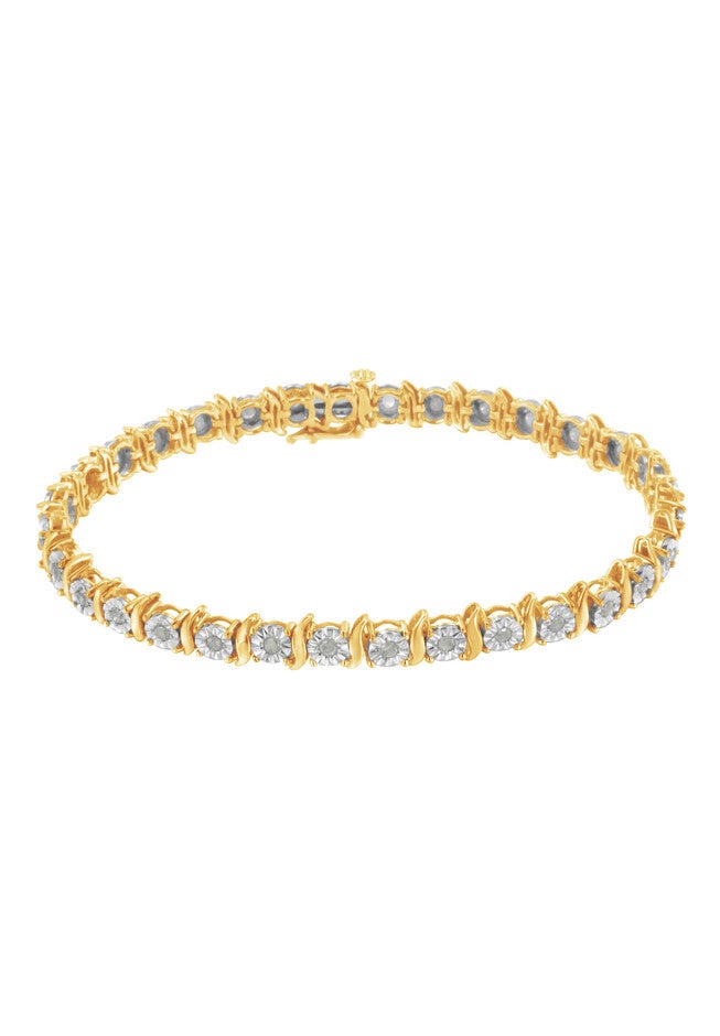 Yellow Gold Over Sterling Silver Diamond Scurve Link Miracleset Tennis Bracelet 7 inches, , on-hover image number null
