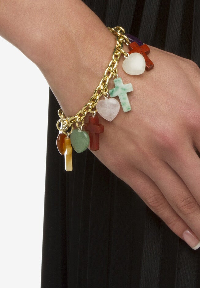 Genuine Agate Gold Tone Cross and Heart Charm Bracelet plus 1/2 inches Extender, , alternate image number 2