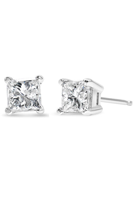 Princesscut Square Diamond 4Prong Solitaire Stud Earrings In White Gold (G-H Color), WHITE, hi-res image number null