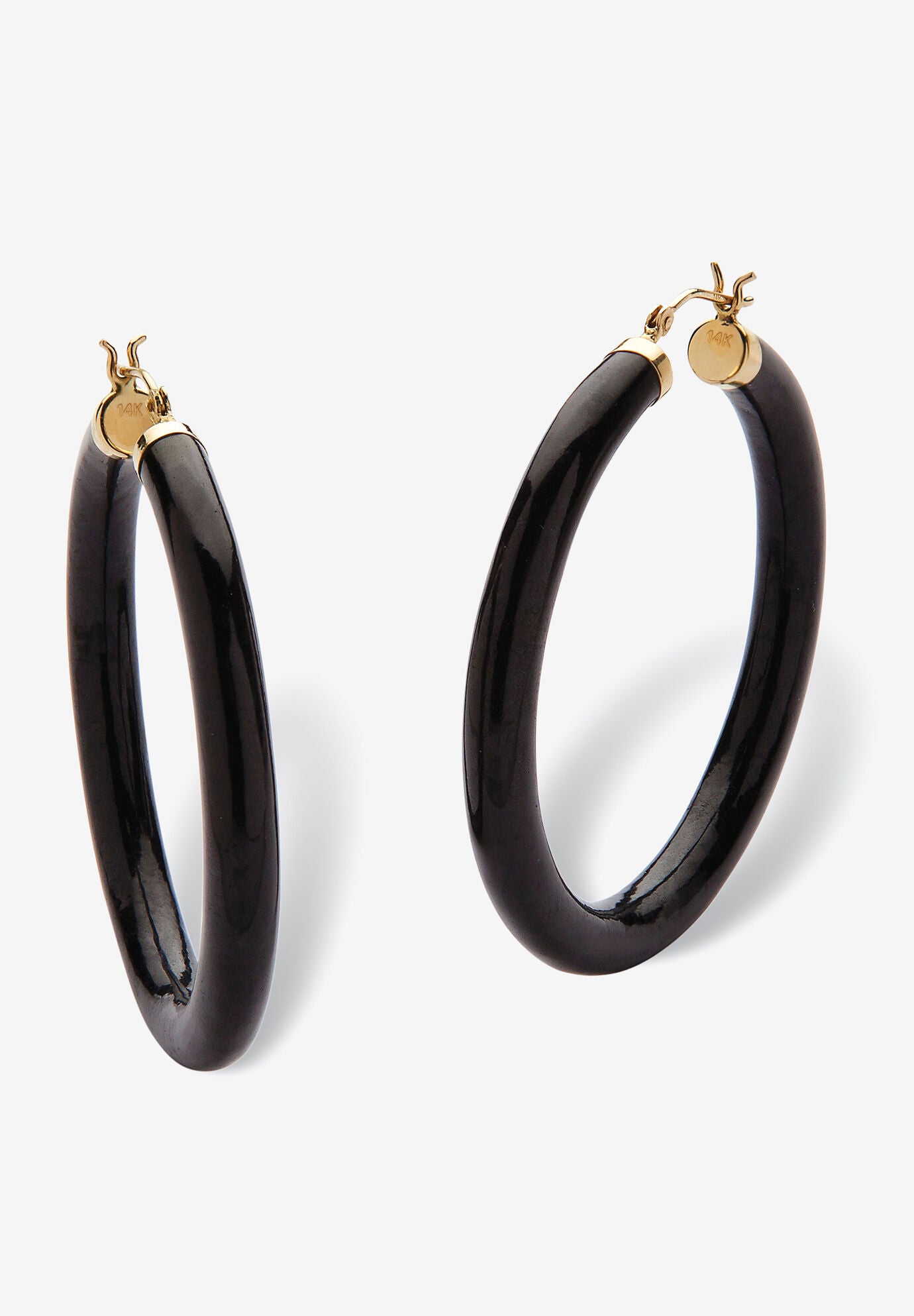 Genuine Black Jade Hoop Earrings In 14K Yellow Gold, BLACK, hi-res image number 0