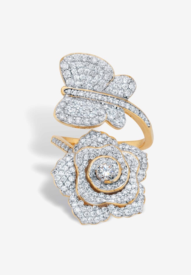 Gold Plated Round Cubic Zirconia Rose And Butterfly Cocktail Wrap Ring, CUBIC ZIRCONIA, hi-res image number null
