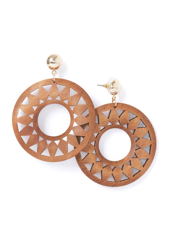 Wood Cutout Circle Earrings, , on-hover image number null
