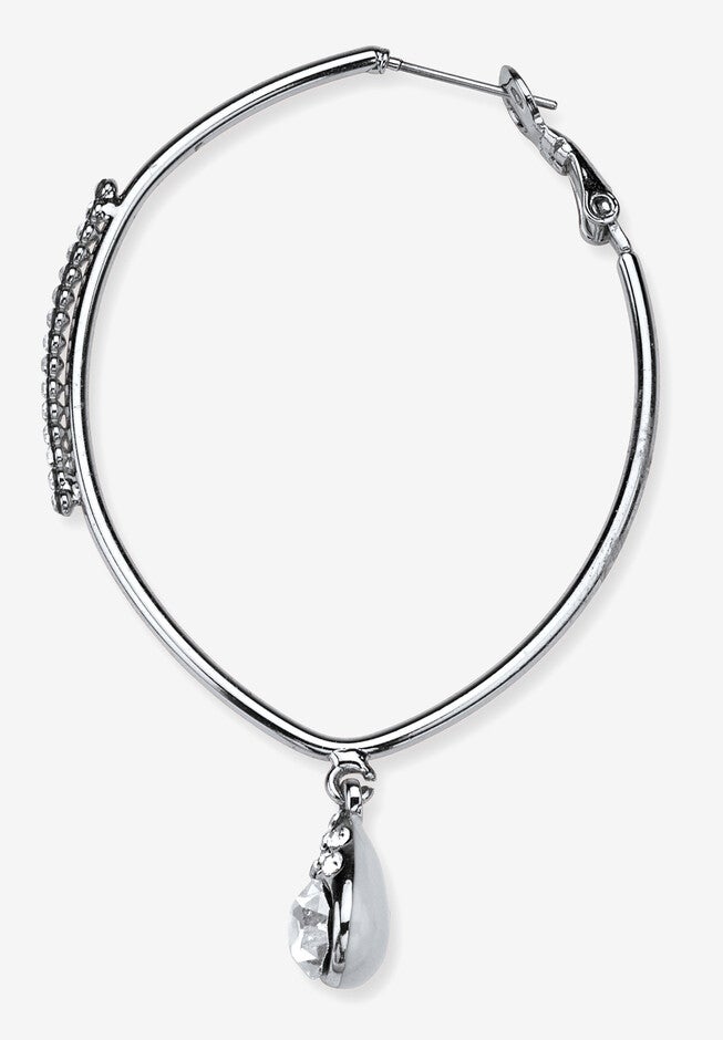 Silvertone Teardrop Hoop Earrings (64Mm) Round Crystal Jewelry, , on-hover image number null
