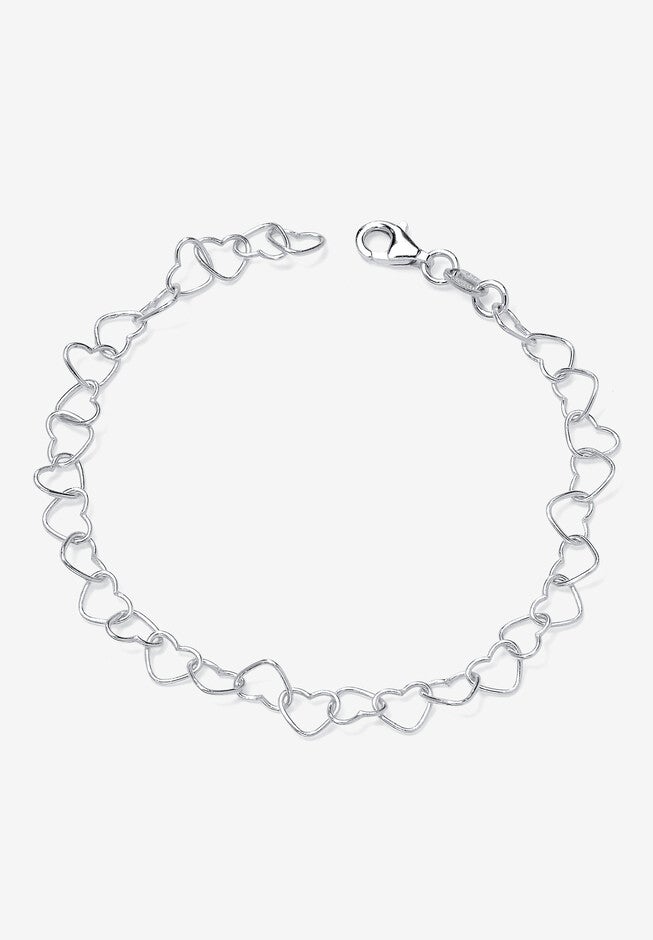 Sterling Silver Heart Link Ankle Bracelet 11 inches, SILVER, hi-res image number 0