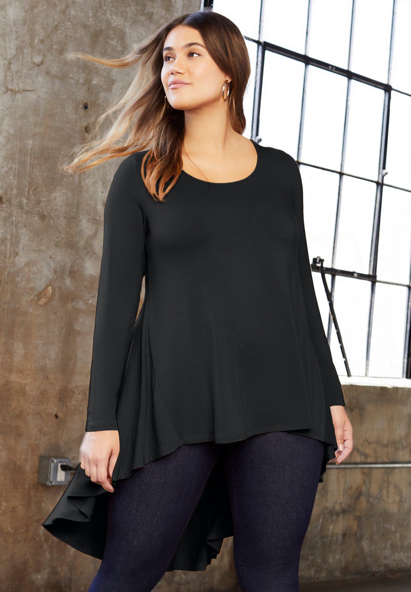 Long-Sleeve High-Low Tunic, BLACK, hi-res image number 0