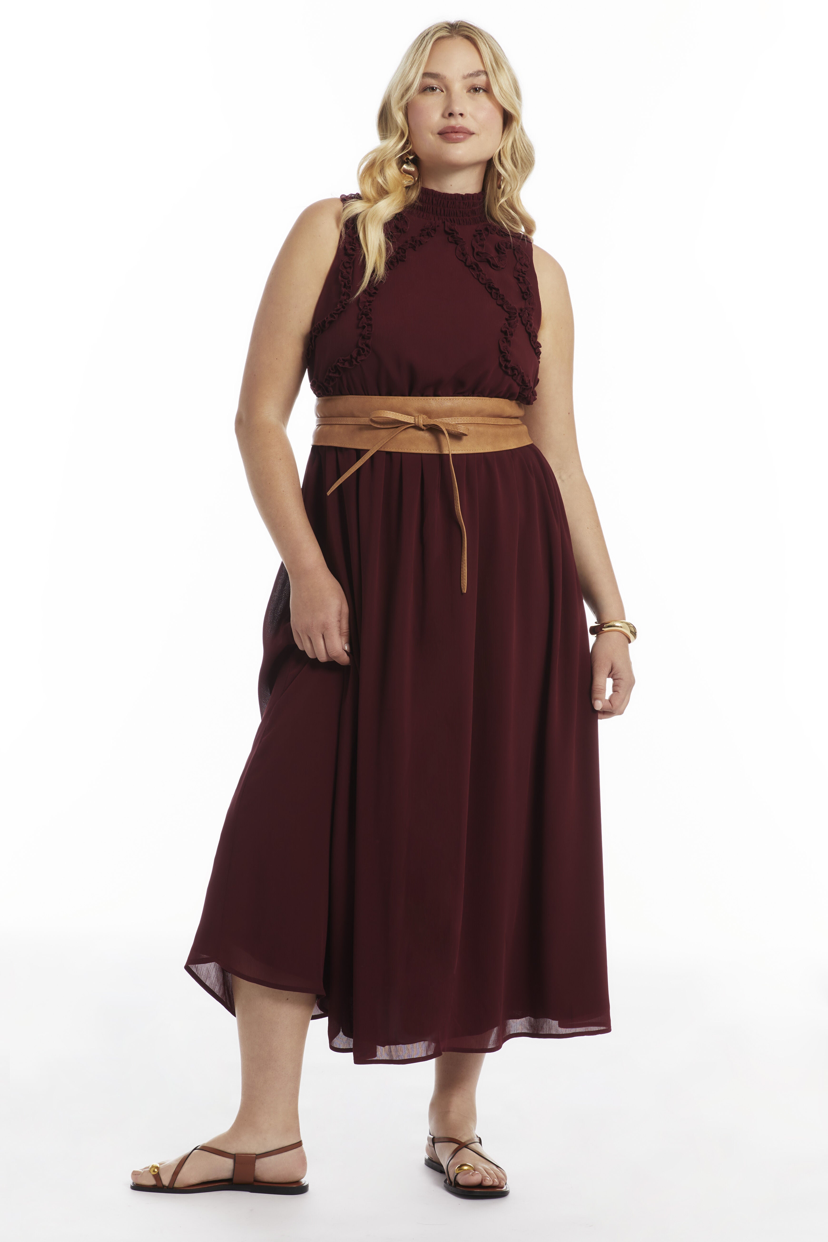 Ruffle Detail Maxi Dress, CABERNET, alternate image number 4