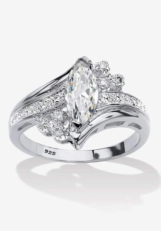 1.03 Tcw Marquise-Cut Cubic Zirconia Platinum-Plated Silver Engagement Ring, WHITE, hi-res image number null