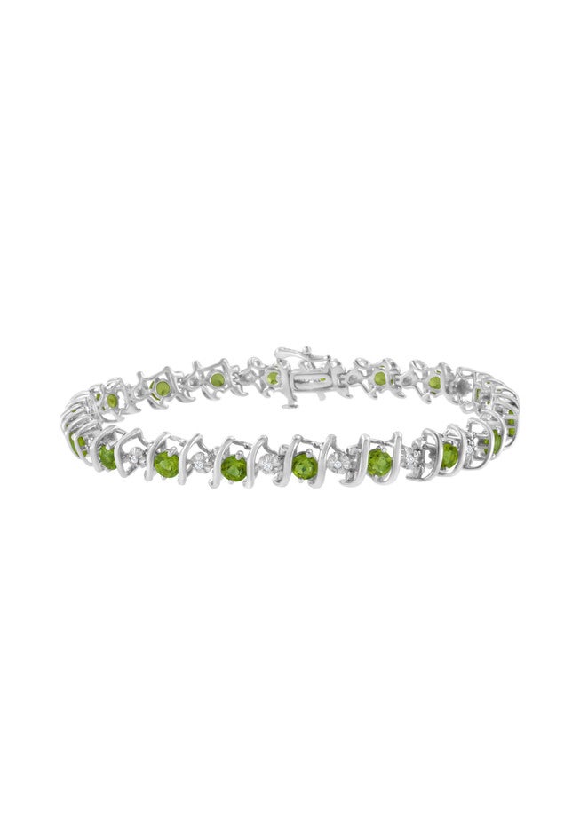 Sterling Silver Gemstone & Round Diamond Tennis Bracelet Green Peridot August Birthstone, WHITE, hi-res image number null