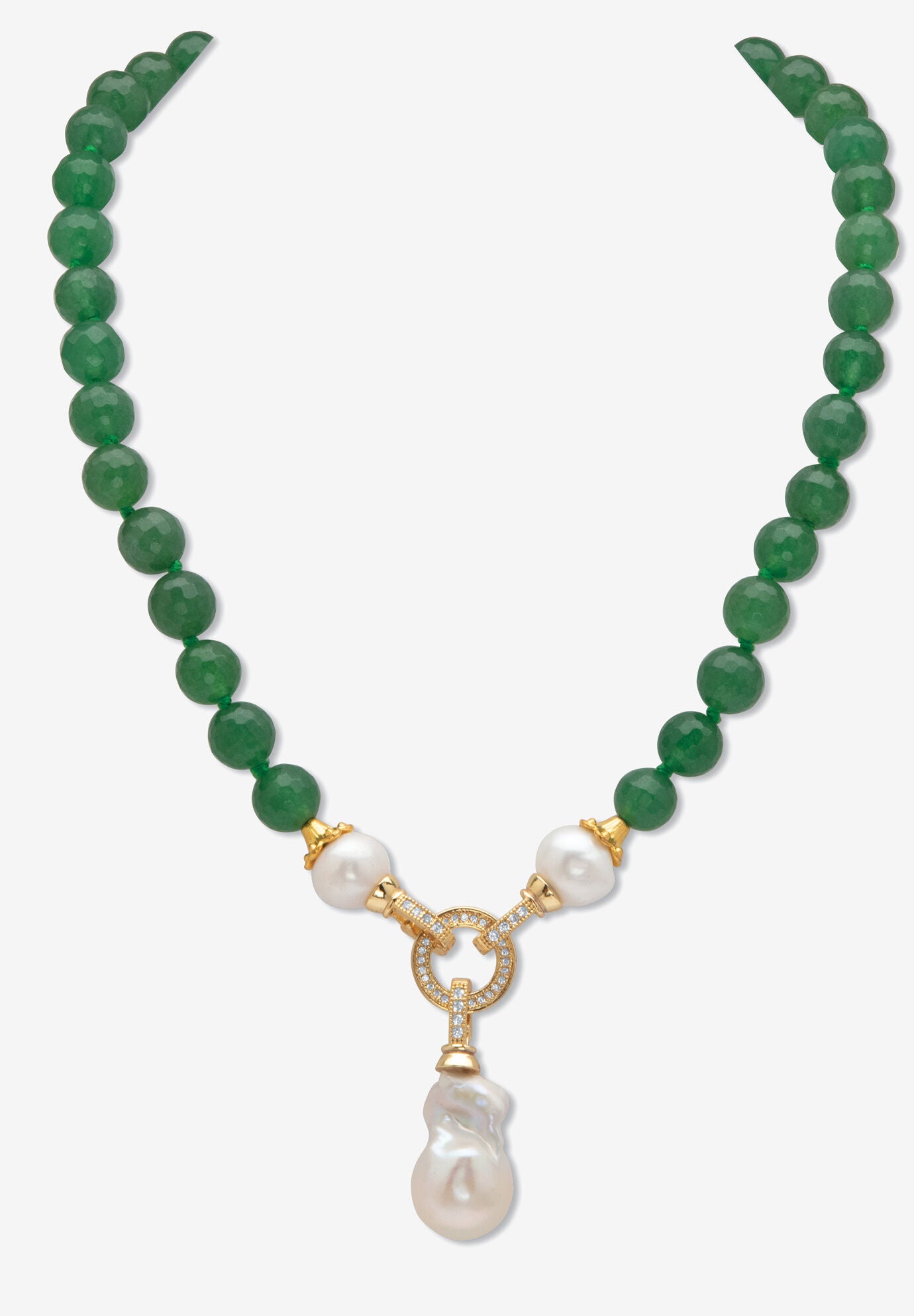 Goldtone Y Neck Necklace, Round Jade Beads And Genuine Pearls, 20 Inches Jewelry, PEARL, hi-res image number 0