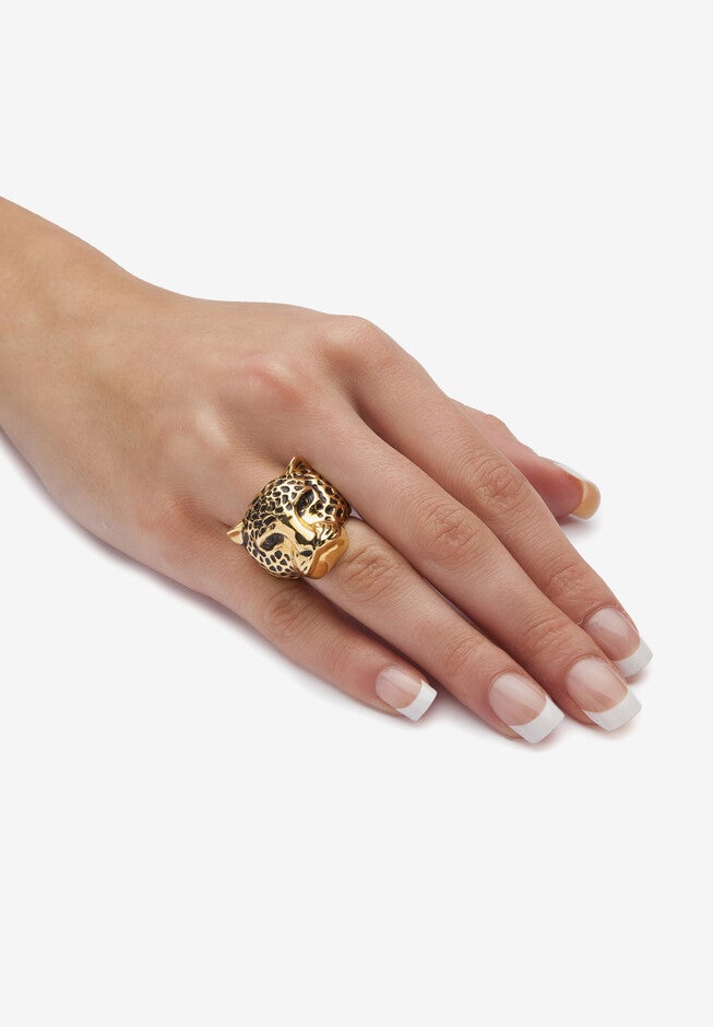 Yellow Gold-Plated Black Crystal Leopard Ring, , alternate image number 2