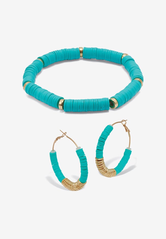 Teal Disc Bead Goldtone Hoop Earrings And Stackable Stretch Bracelet Set, TEAL, hi-res image number 0