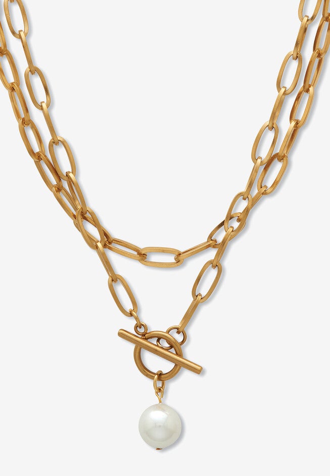 Simulated Pearl Gold Ion-Plated Stainless Steel Paperclip Necklace Set 18 Inch, GOLD, hi-res image number null