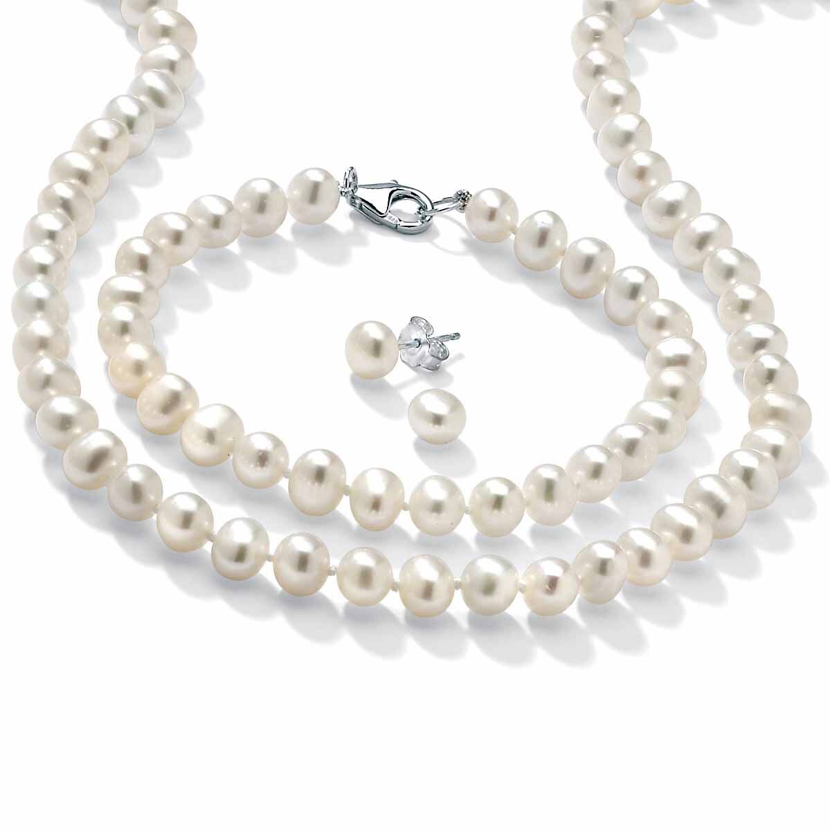 3 Piece Cultured Freshwater Pearl Necklace Bracelet and Earrings Set .925 Silver, WHITE, hi-res image number 0