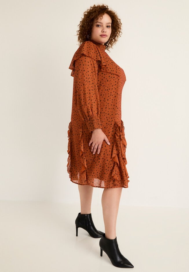 Ruffled Chiffon Mockneck Dress, , alternate image number null