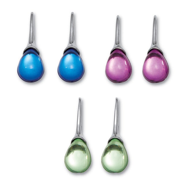 Pear Shaped Colorful Crystal Silvertone Drop Earrings, 3-Pair Set, BLUE, hi-res image number 0