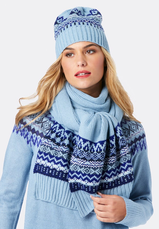 Fair Isle Hat & Scarf Set, SOFT SKY, hi-res image number null