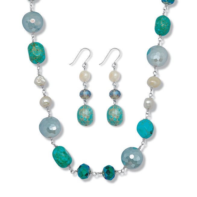 Genuine Blue Jasper and Cultured Freshwater Pearl Silvertone Jewelry Set, BLUE, hi-res image number 0