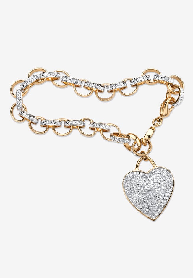 Diamond Accent 18K Gold-Plated Heart Charm Rolo-Link Bracelet 7.75 inches, DIAMOND, hi-res image number null