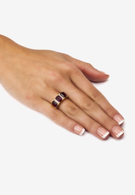 Yellow Gold-Plated Emerald Cut 3 -Stone Simulated Birthstone & CZ Ring, , alternate image number null