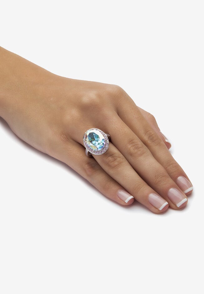 Silver Tone Aurora Borealis and Pink Halo Cocktail Ring, , alternate image number 2