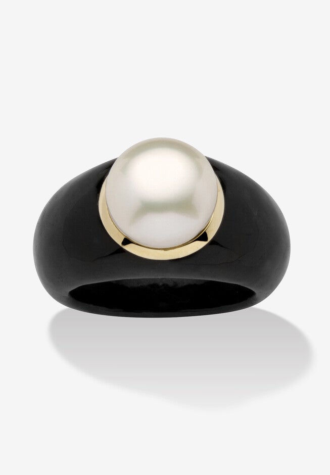 10K Black Pearl Ring Round Cultured Pearl Black Jade Yellow Gold Ring, BLACK, hi-res image number null