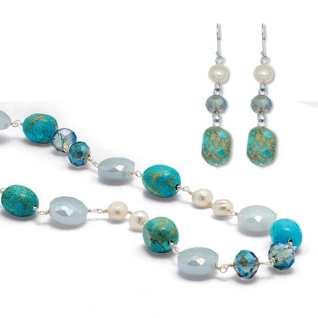 Genuine Blue Jasper and Cultured Freshwater Pearl Silvertone Jewelry Set, BLUE, on-hover image number 1