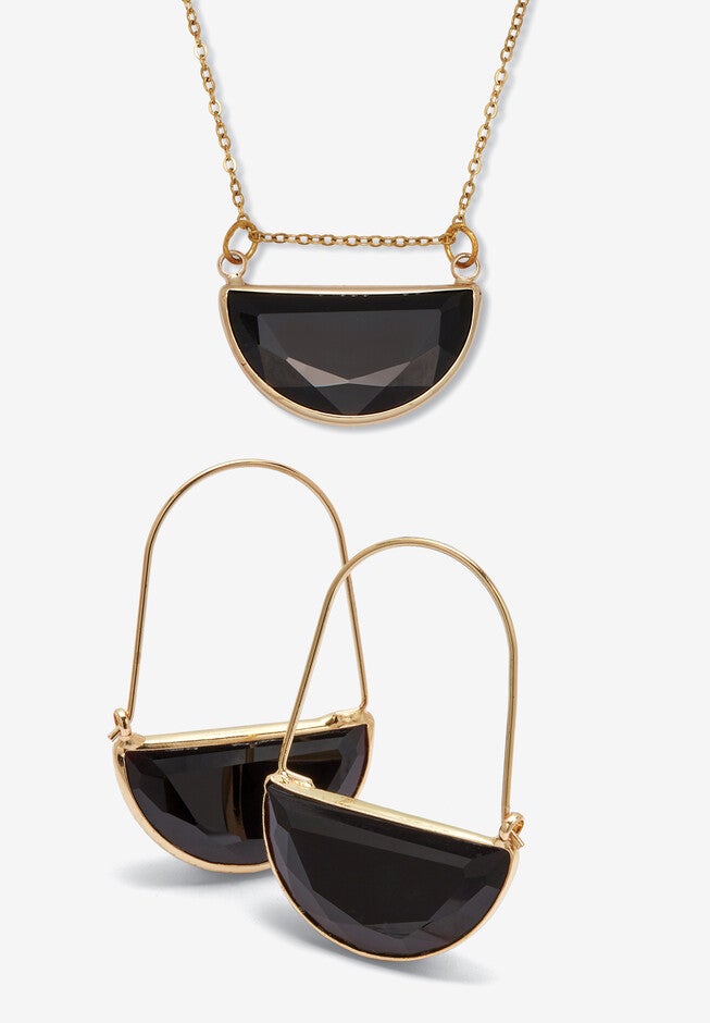 Black Crystal Goldtone Geometric Necklace And Earrings Set, BLACK, hi-res image number null