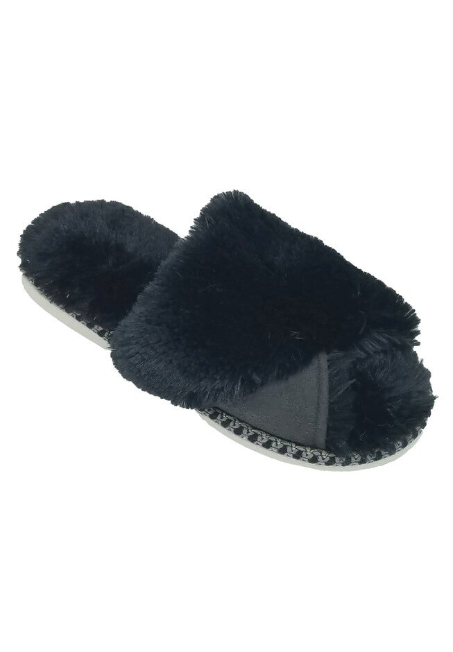 Faux Fur Criss Cross Open Toe Scuff Slippers, BLACK, hi-res image number null
