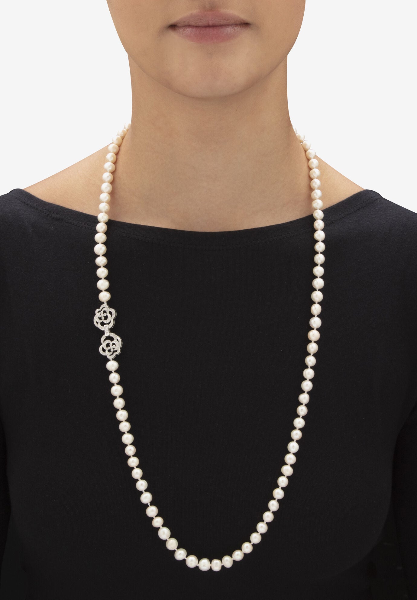 1.42 Cttw. White Genuine Pearl Necklace W/Cubic Zirconia Clasp Silvertone 32 inches, , alternate image number 2