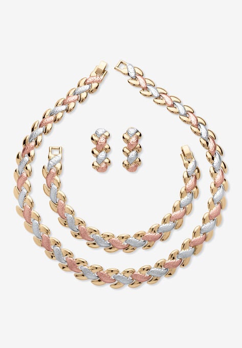 Tri Tone Goldtone Rosetone Silvertone Interlocking Link Necklace, Bracelet And Earring Set, 17 Inches Jewelry, GOLD, hi-res image number null