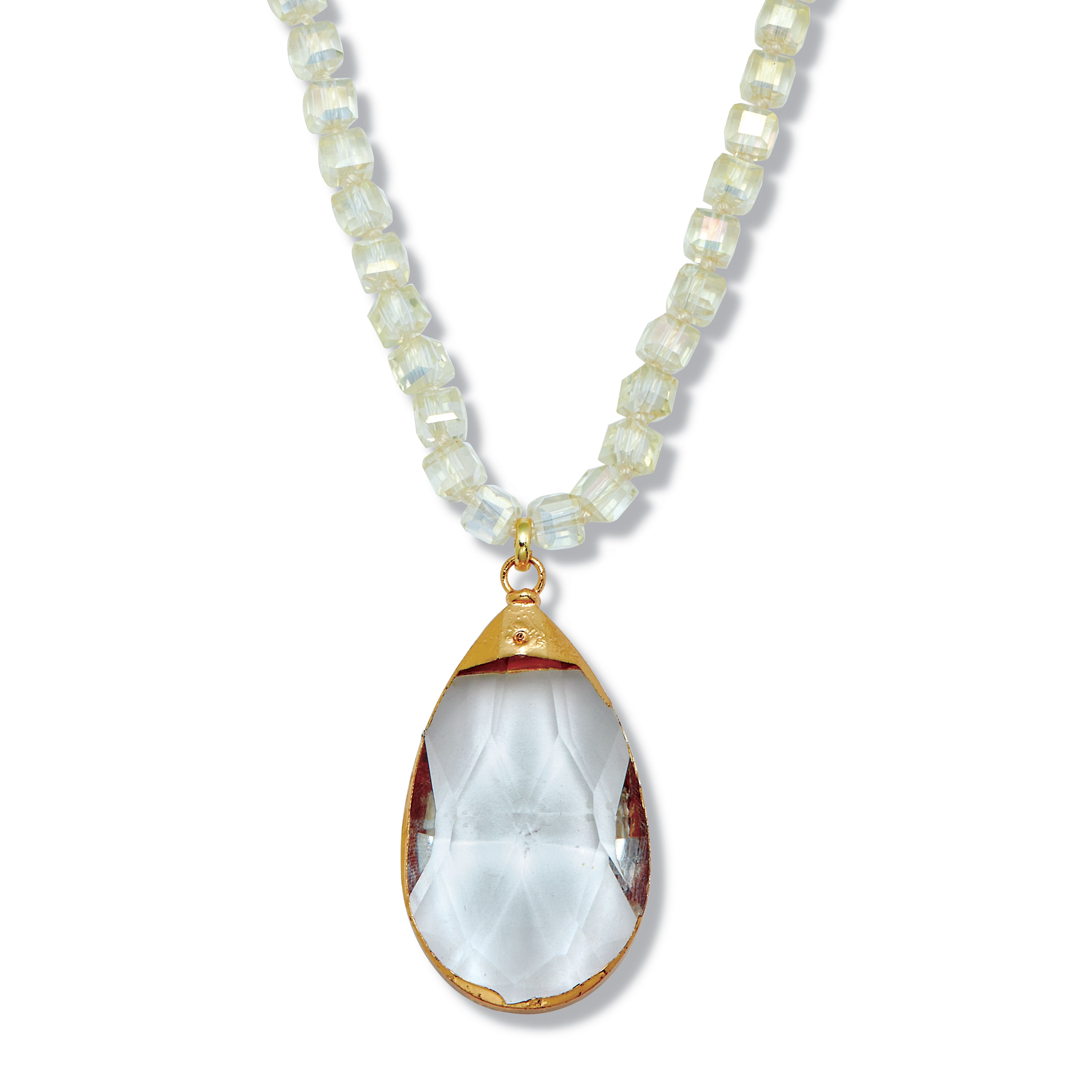 Crystal Pendant Beaded Goldtone Drop Necklace 32-inch, WHITE, hi-res image number 0