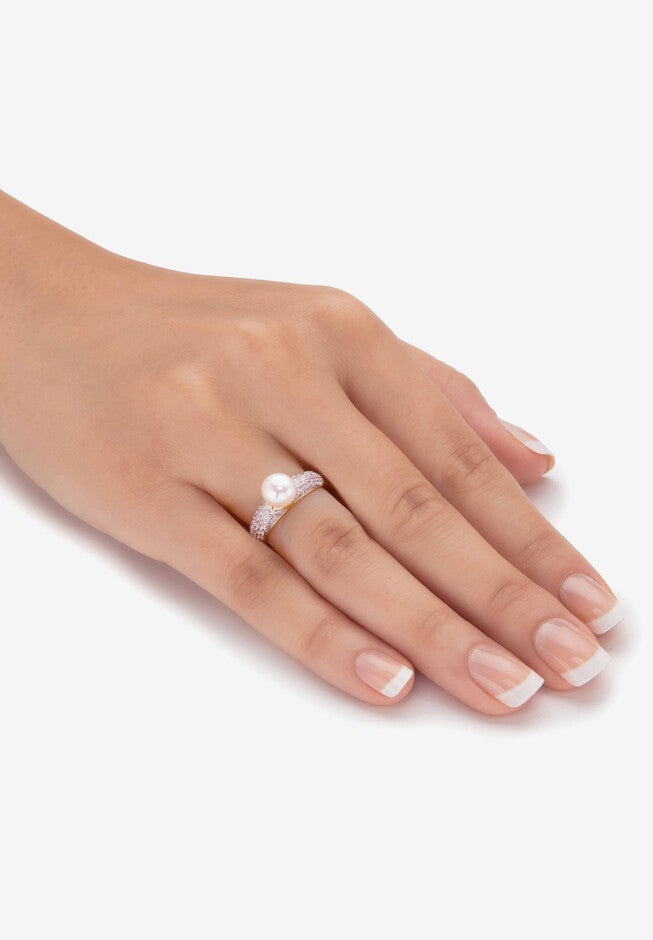 Yellow Gold Over Sterling Silver Genuine Round Cultured Freshwater Pearl And Cubic Zirconia Ring (5/8 Cttw), , alternate image number null