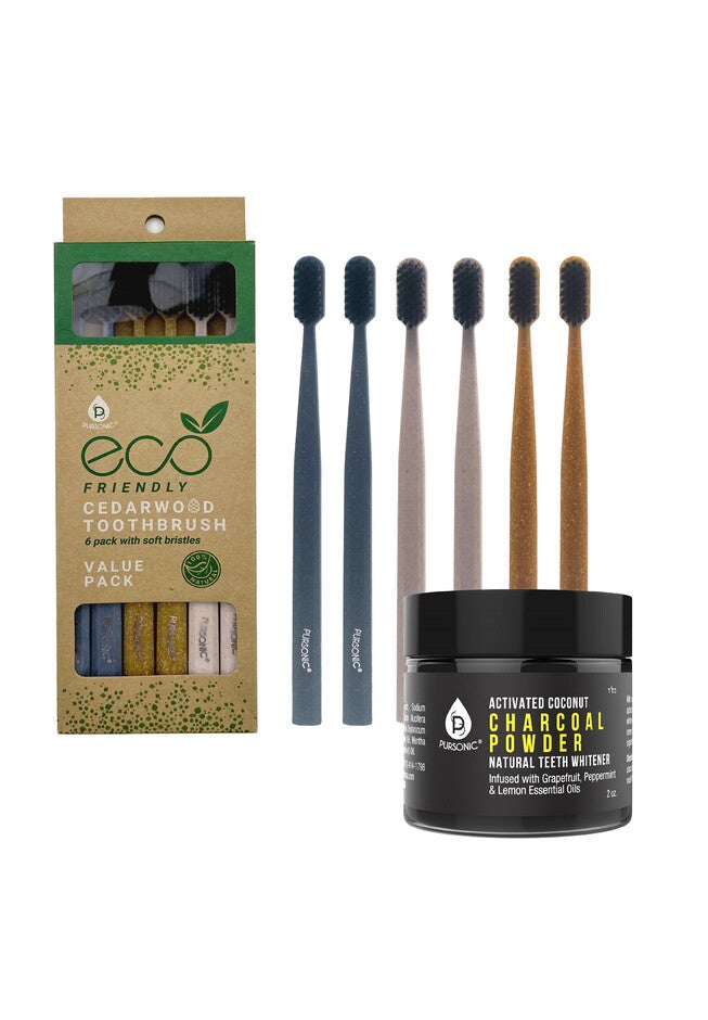 Natural Radiance Combo: Activated Coconut Charcoal Powder Natural Teeth Whitener + 100% Eco-Friendly Cedarwood Toothbrushes (6 Pack), O, hi-res image number 0