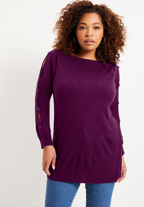 Button-Sleeve Sweater, DARK BERRY, hi-res image number null