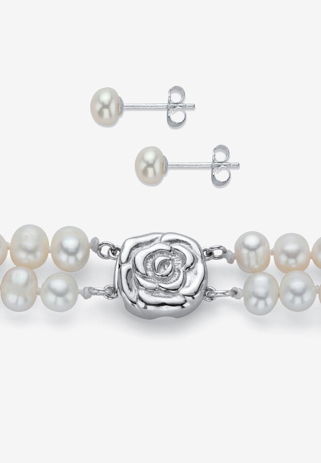 Pearl 3-Piece Earring, Double Strand Necklace And Bracelet Set In Sterling Silver 18 inches, , on-hover image number 1