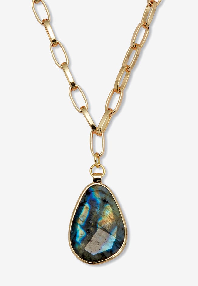 Genuine Blue Labradorite Goldtone Drop Necklace, 20-Inch Length, BLUE, hi-res image number 0