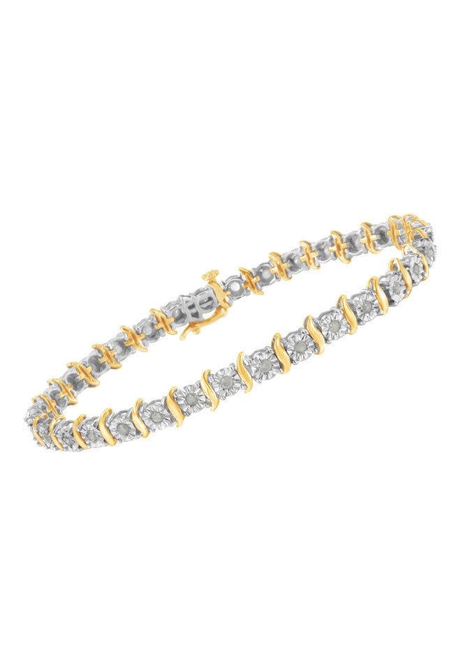 Two Toneyellow Gold Over Sterling Silver Diamond Scurve Link Miracleset Tennis Bracelet 8 inches, , alternate image number 2