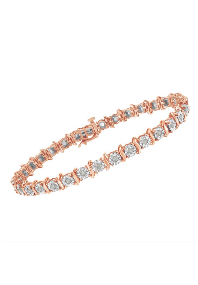 Rose Gold Over Sterling Silver Diamond Scurve Link Miracleset Tennis Bracelet 7 inches, , alternate image number null
