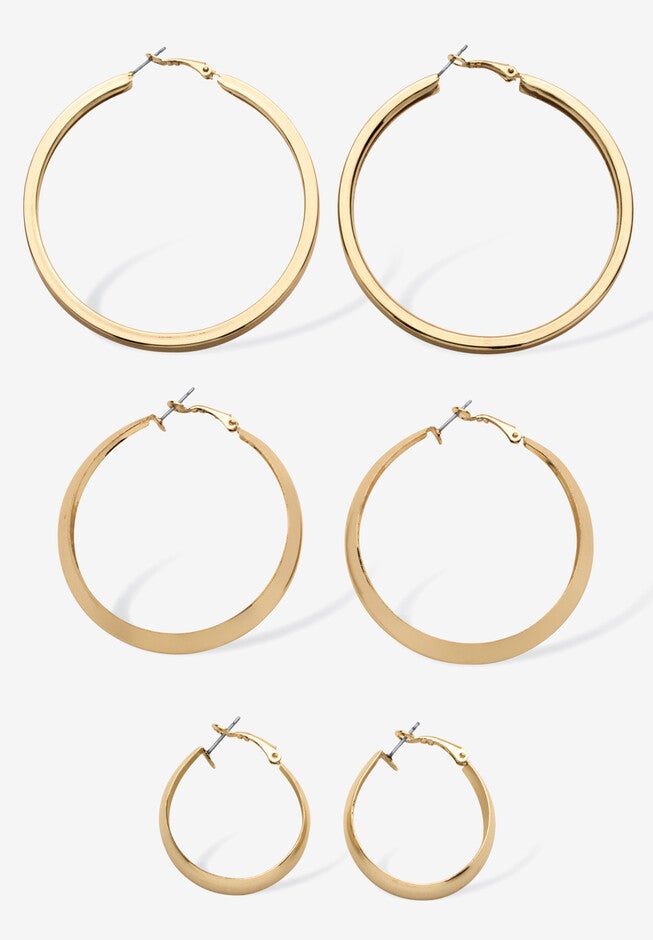 3 Pair Hoop Earrings Set In Yellow Goldtone, , on-hover image number null