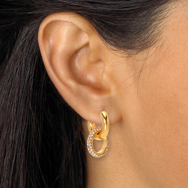 Round Crystal Yellow Gold Ion-Plated Stainless Steel Earrings, 3-Pair Set, WHITE, alternate image number null
