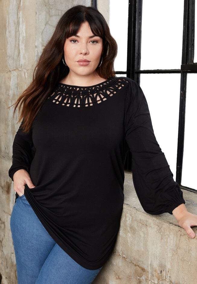 Crochet Scoop-Neck Tunic, BLACK, hi-res image number null