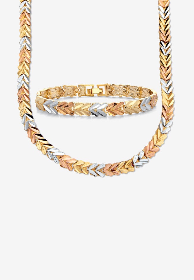 Tri Tone Foxtail Link 18 inches Necklace And 7 inches Bracelet Set Jewelry, GOLD, hi-res image number null